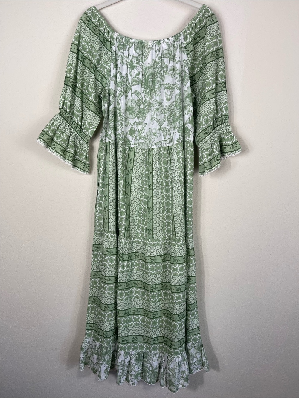 Uncle Frank Floral Tiered Off Shoulder Maxi Dress Green Size XS